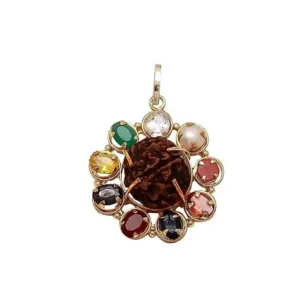 Kalyan Gems Natural Certified Navratna Pendant Pendant With 5 mukhi rudraksha for Unisex 2 MM to 5 MM Size